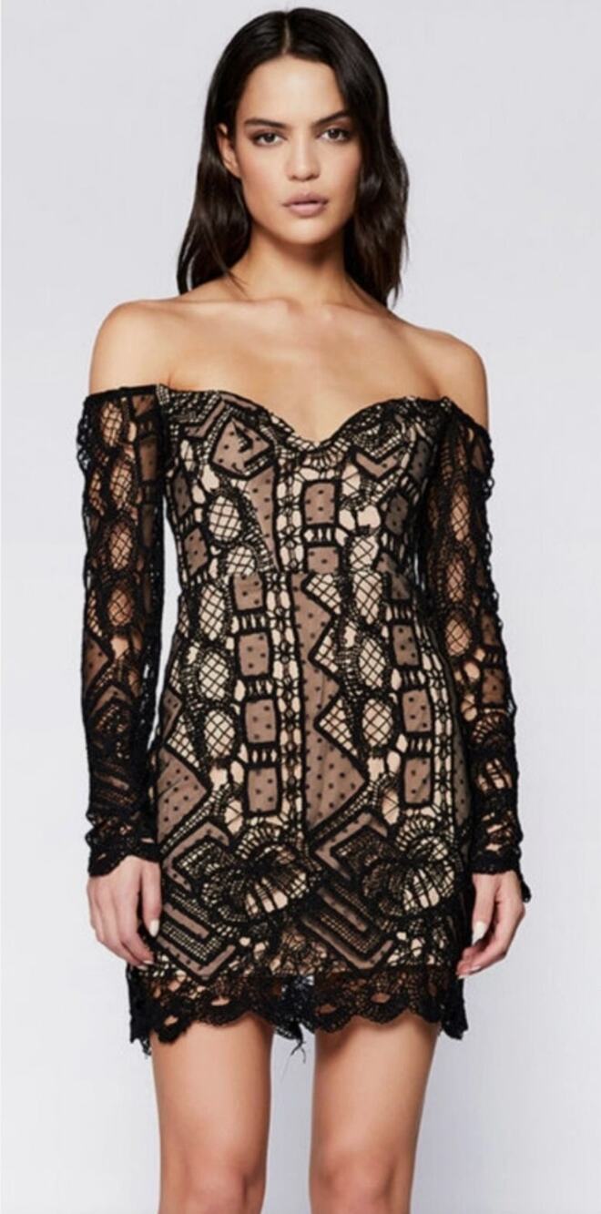 BARDOT Women's Zendaya Mini Lace Dress Large Black Nude Off Shoulder NWT - Picture 1 of 13